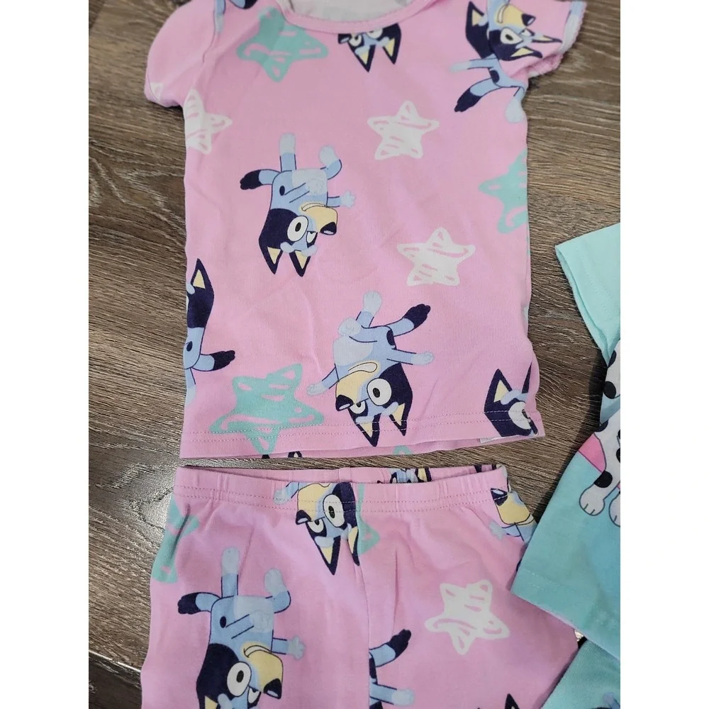 Disney Kids Bluey Pajama‎ Set 4T-4 Pink Aqua Characters Sleepwear Shorts #5